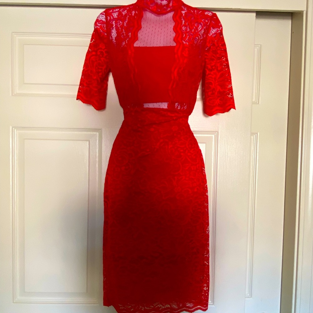 Red Lace Midi dress, great for tall girls 5’7” and above